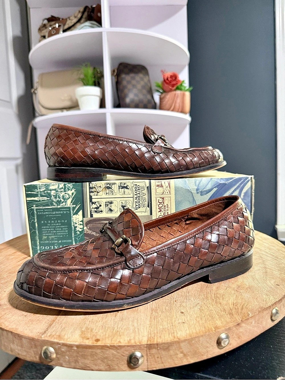 Vintage 1990s Brown Woven Leather Horsebit Loafers